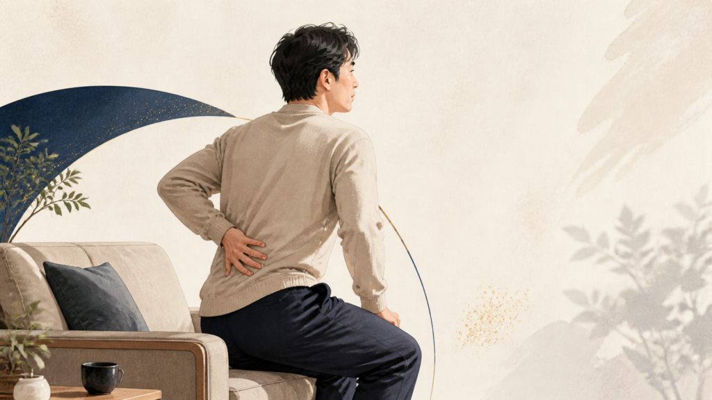 ソファから立ち上がる際に腰を気にする男性
