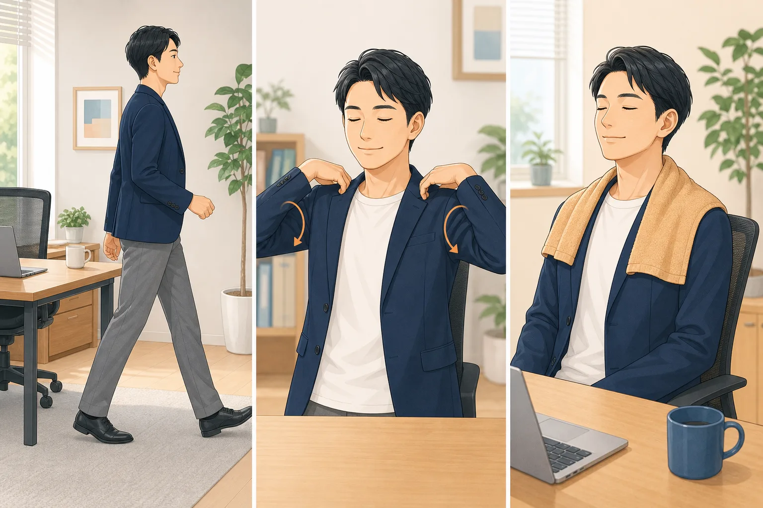 仕事の合間に立つ・肩を動かす・温めるセルフケア