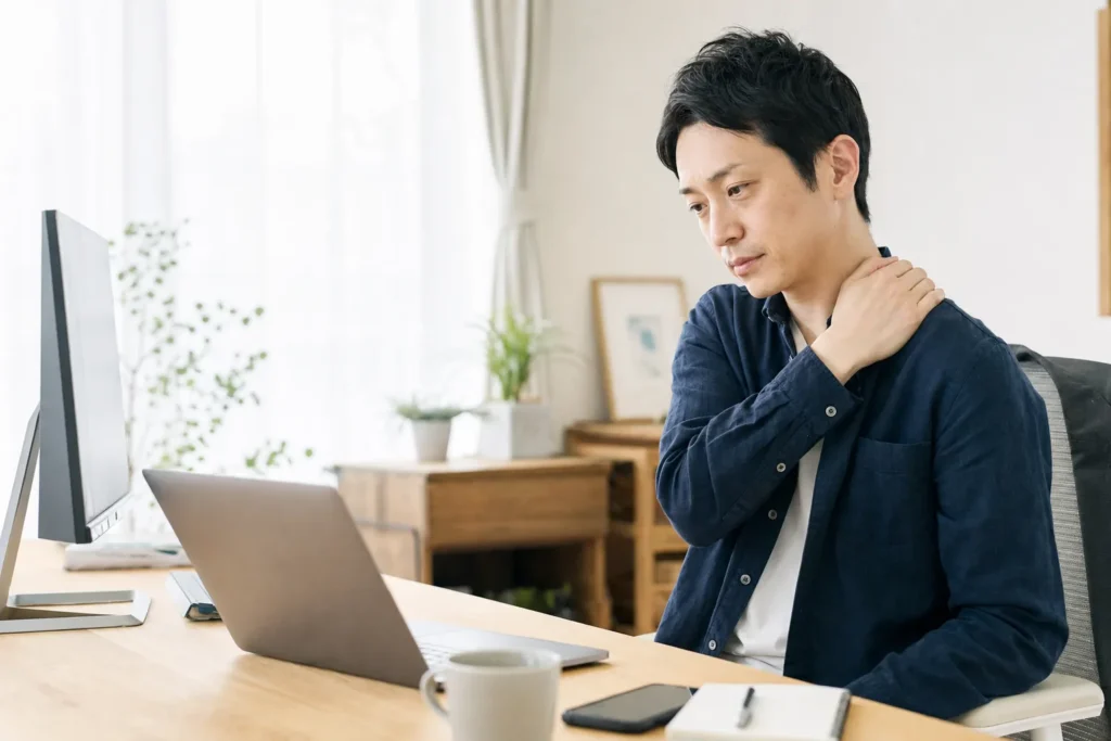 デスクワーク中に首から肩の重さを感じて休憩する男性