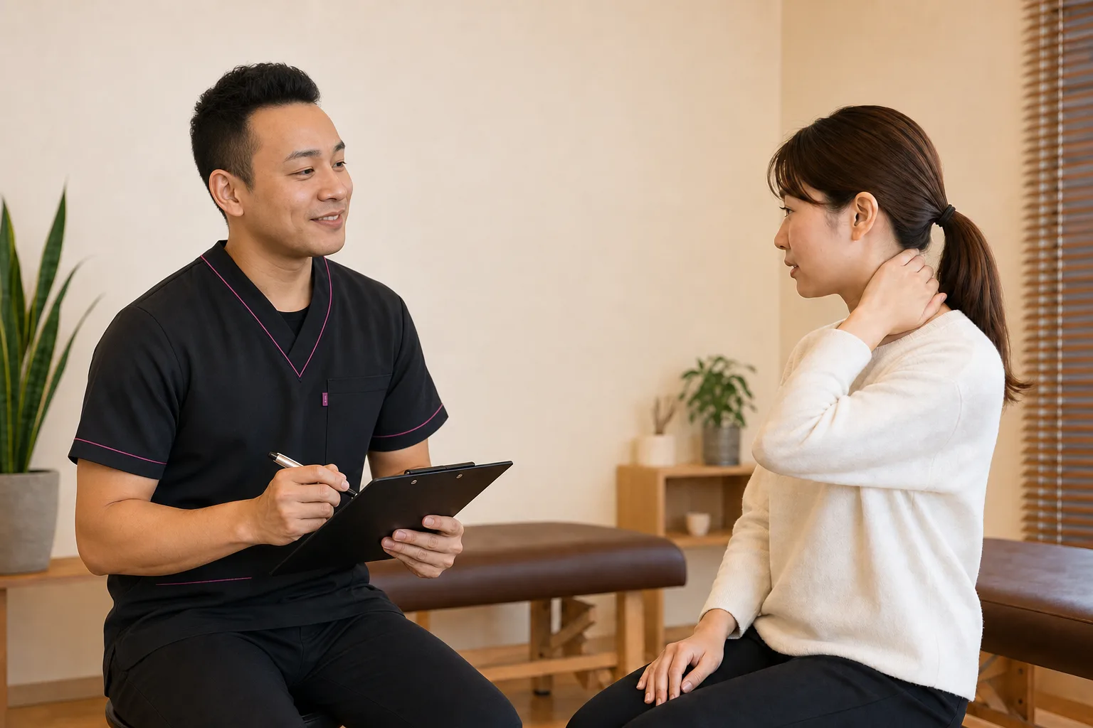 頭痛の経過を聞き首肩の状態を安全に確認する場面