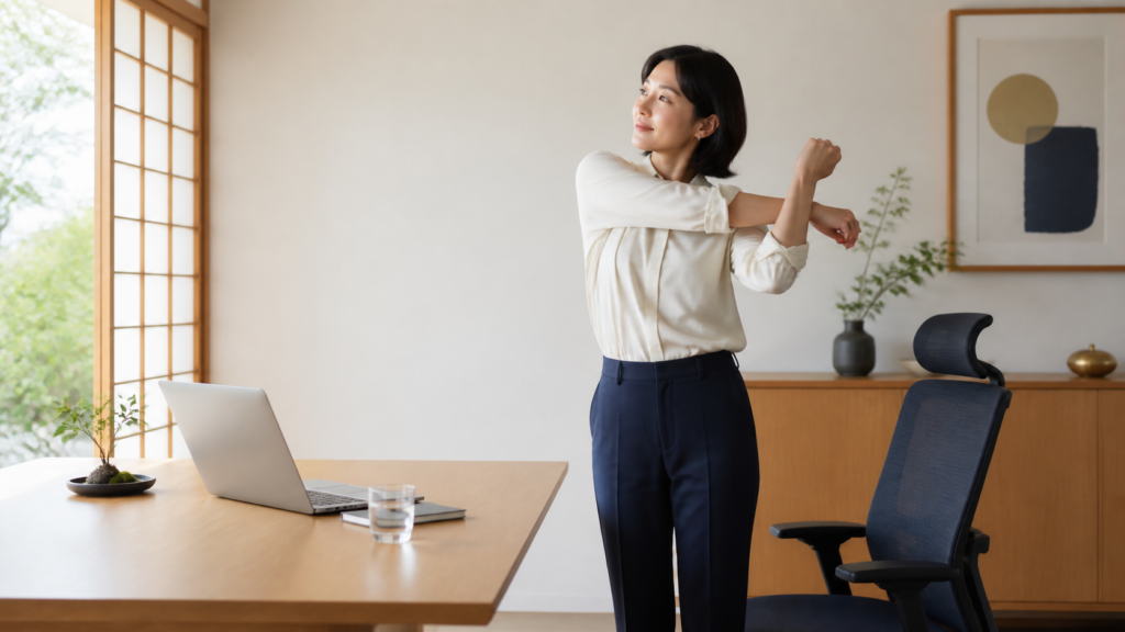デスク横でやさしくストレッチをする女性