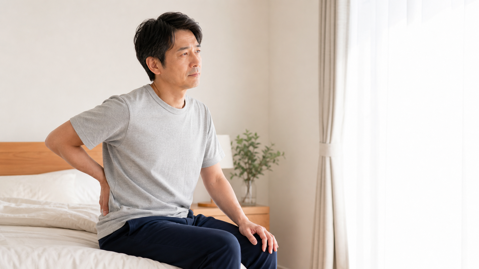 朝起きたときに腰のこわばりを感じる男性