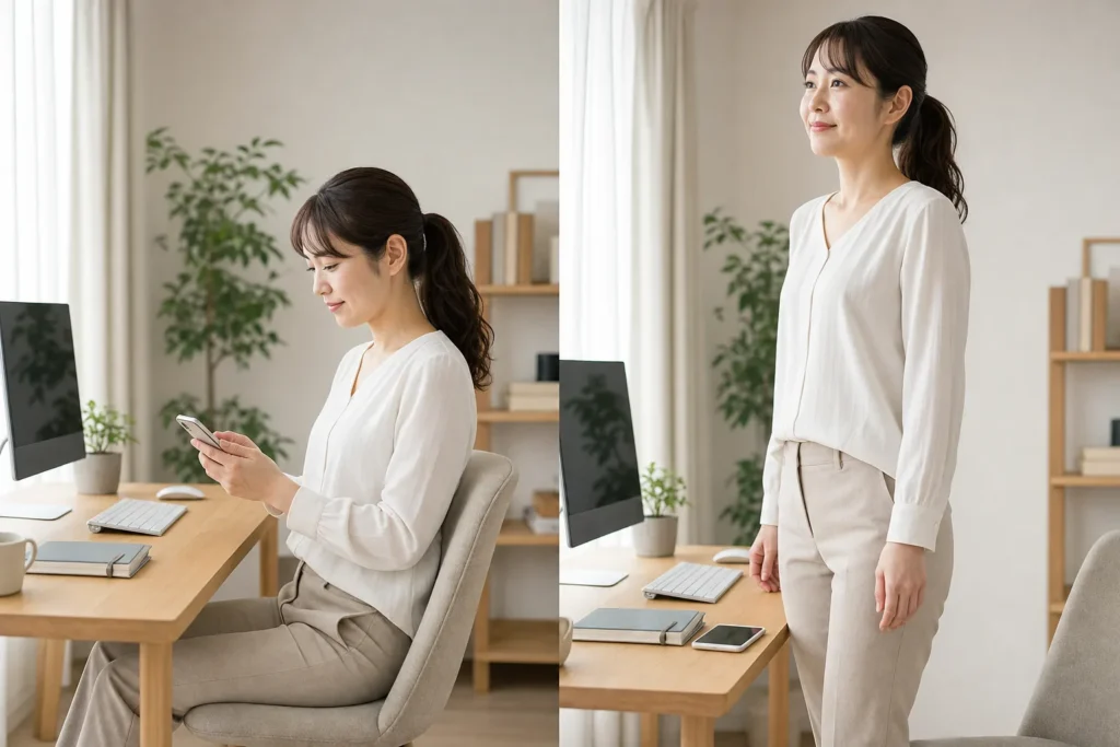 スマートフォン使用時と自然に立った時の姿勢の違いを確認する女性
