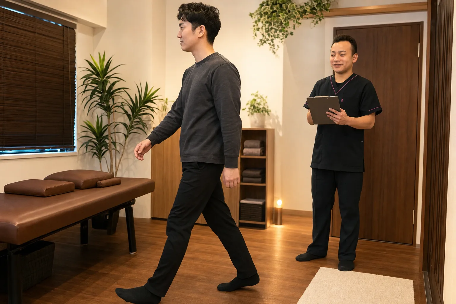 歩行と腰・股関節の動きを確認する場面