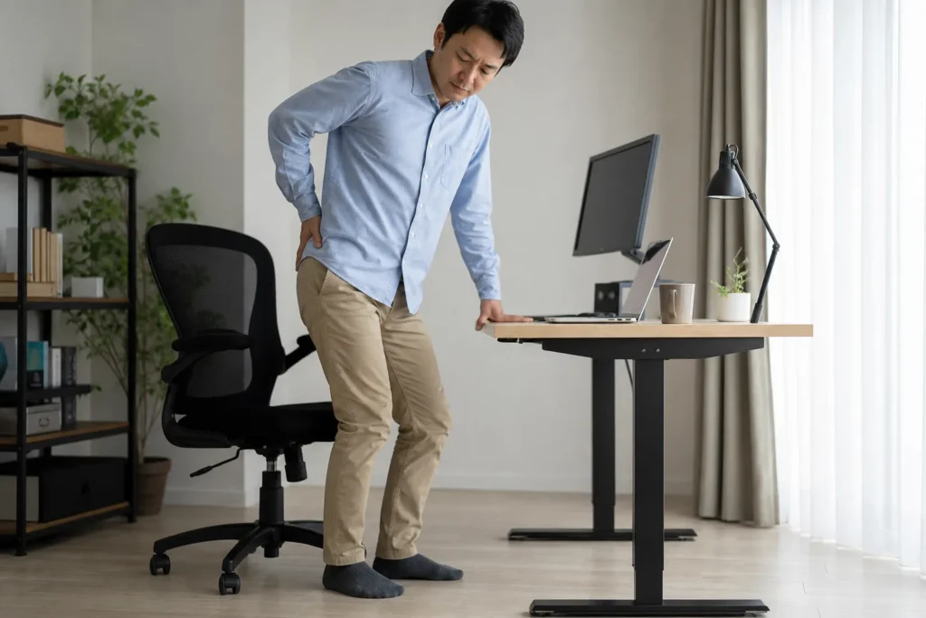 長時間座った後にお尻から脚の違和感を感じて立ち上がる男性