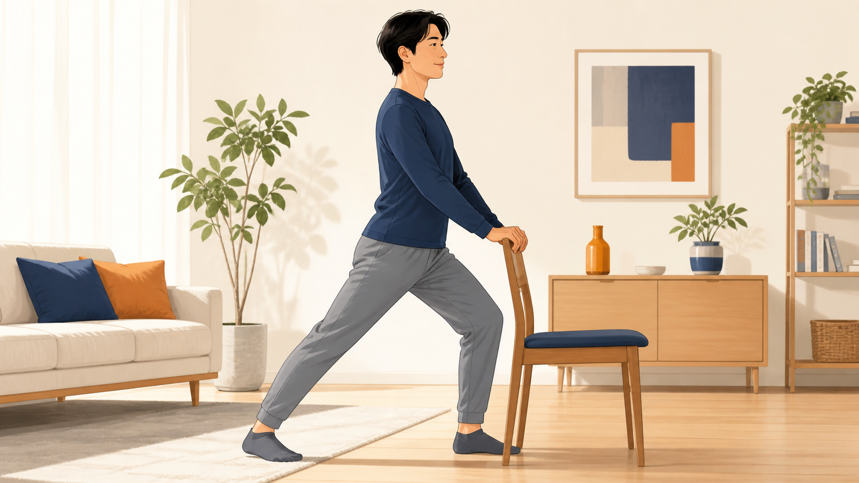 椅子を支えに股関節を小さく動かすセルフケアのイラスト