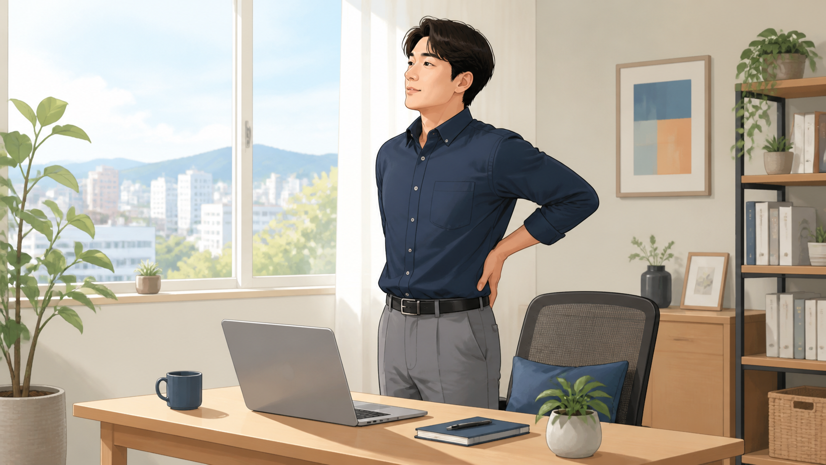 デスクワークで座りっぱなしになり腰の重さを感じる人のイラスト