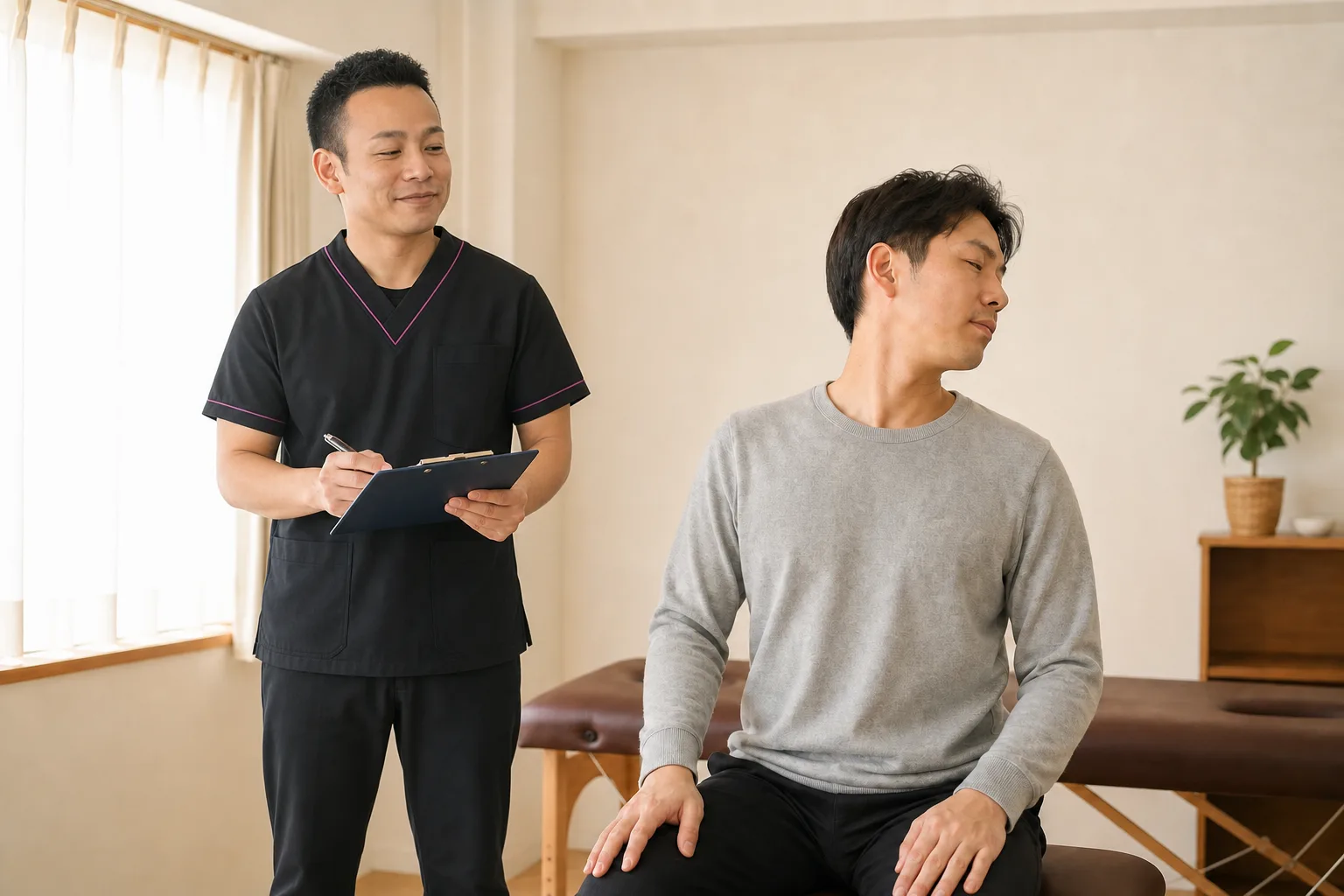 急な首の痛みについて経過と動きを確認する場面