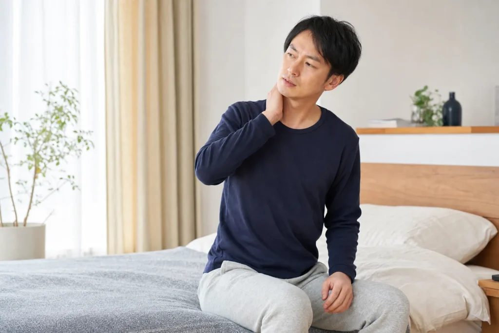 起床後に首の動かしにくさを感じている男性