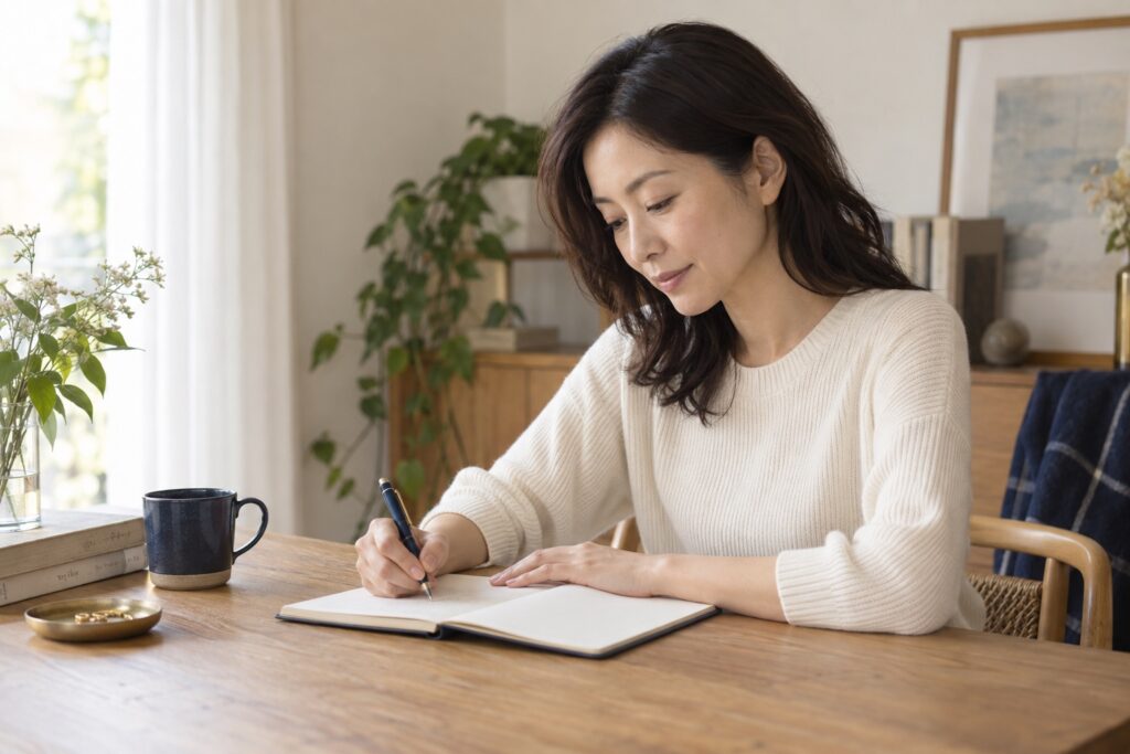 初回の相談内容をノートにまとめる女性のイメージ(AI生成)