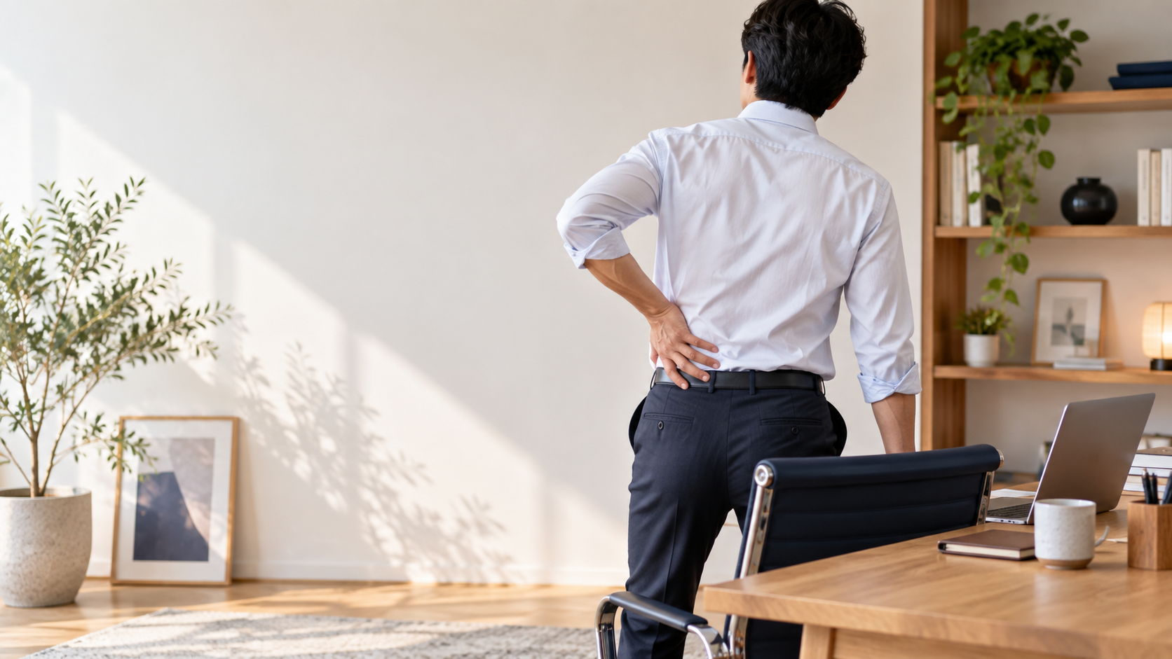 デスクワークの合間に腰へ手を添える男性のイメージ